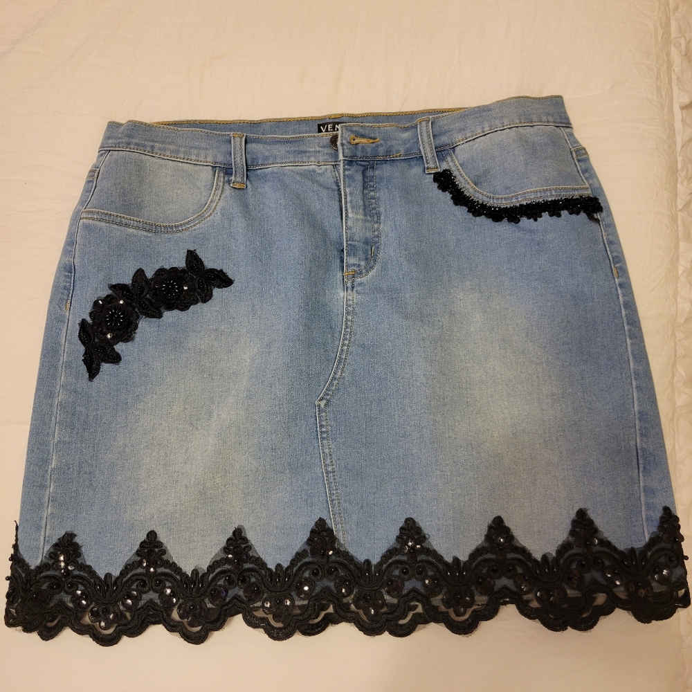Venus denim skirt with black lace trim
